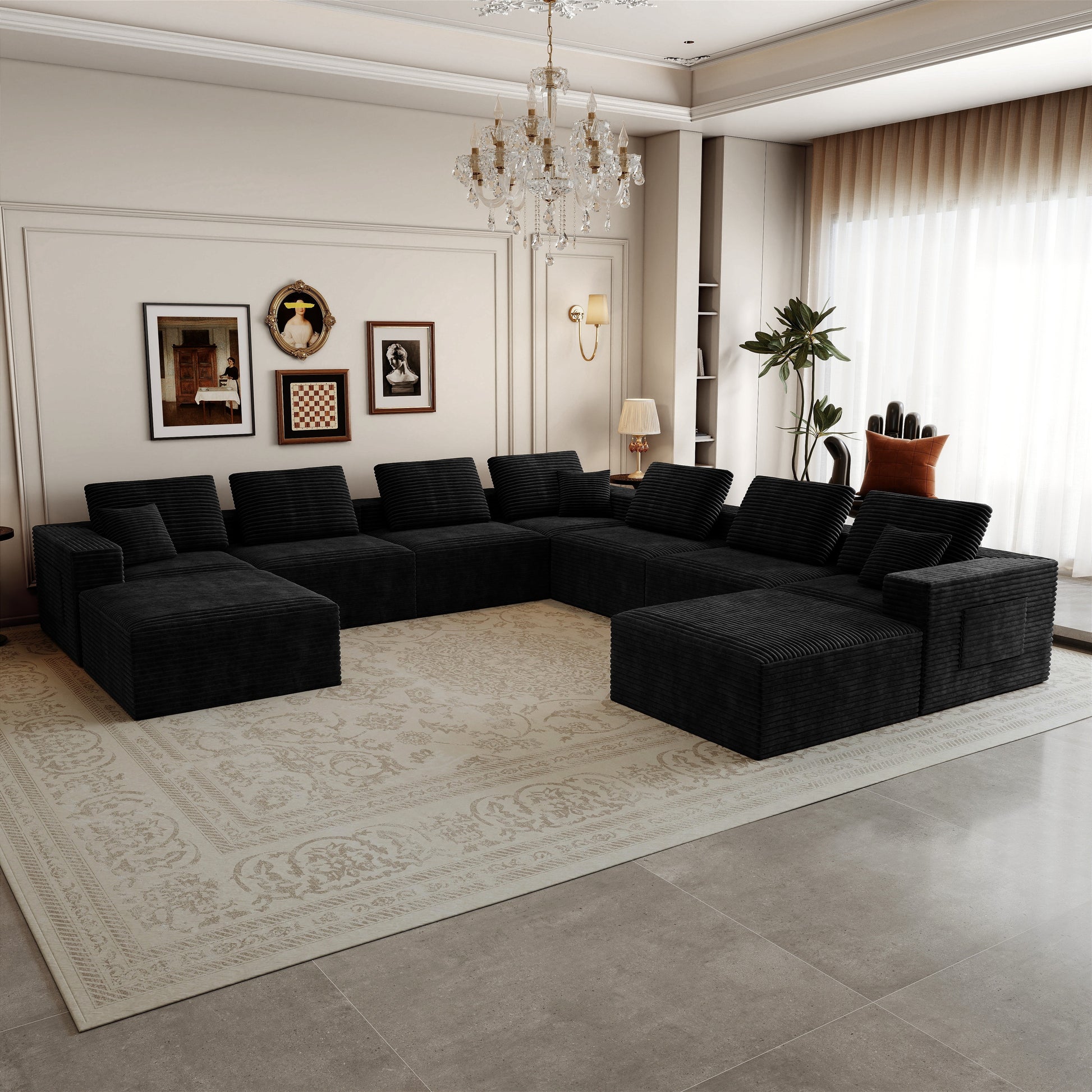 141.73*141.73"Modular sectional sofa seat,Upholstered compressed couch for living room,Bedroom,Apartment,No assembly required,9 PC free combination,Plush corduroy fabric,BLACK