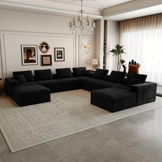 141.73*141.73"Modular sectional sofa seat,Upholstered compressed couch for living room,Bedroom,Apartment,No assembly required,9 PC free combination,Plush corduroy fabric,BLACK