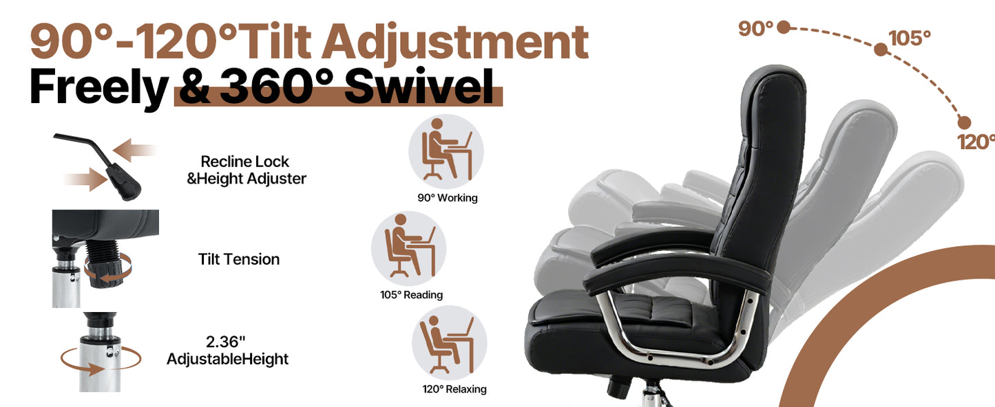 Executive Office Chair Black PU Leather - Ergonomic Swivel Desk Chair