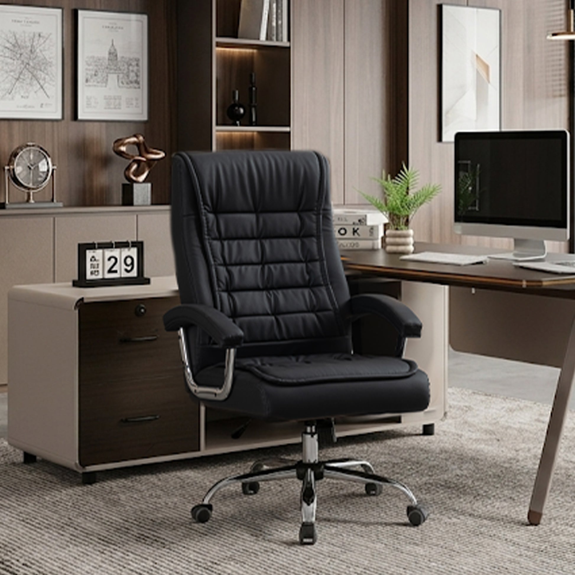 Executive Office Chair High Back PU Leather Desk Chair with Spring Seat Cushion, Ergonomic Swivel Computer Chair with Chrome Armrests, 350lbs Capacity for Home Office,Black