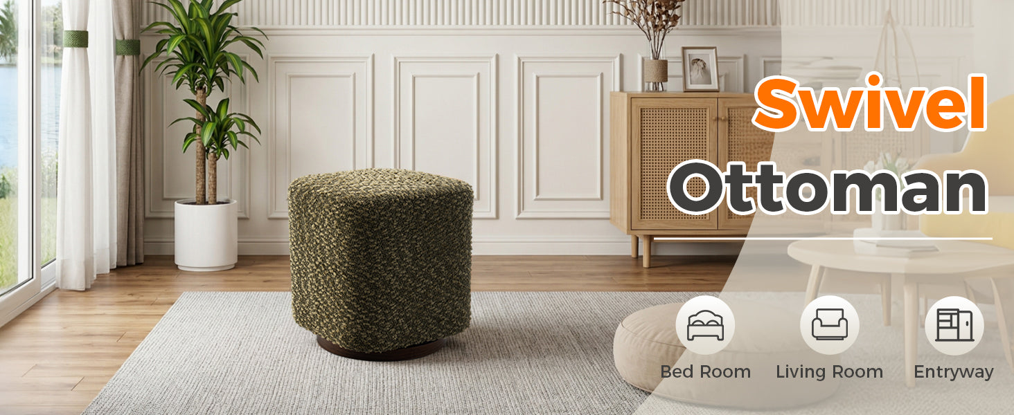 Olive Polyester Swivel Vanity Stool - Makeup Chair & Footrest for Bedroom