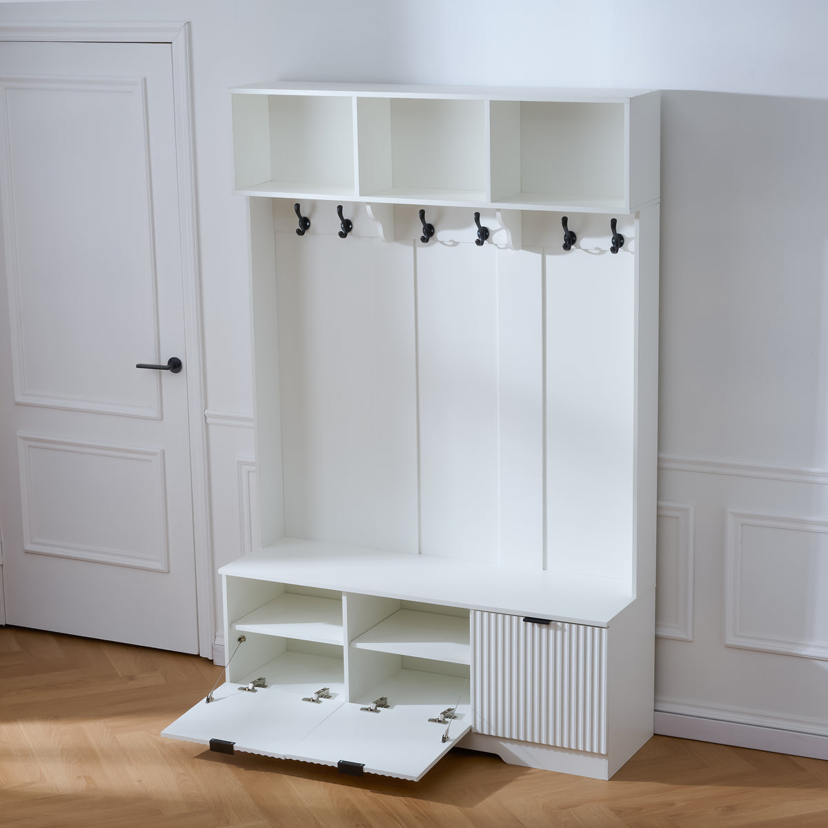 White 5-in-1 Hall Tree with Bench & Shoe Storage