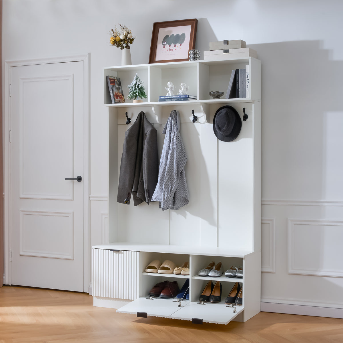 White 5-in-1 Hall Tree with Bench & Shoe Storage