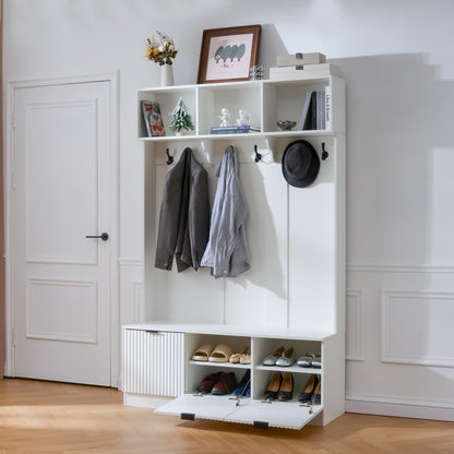 White 5-in-1 Hall Tree with Bench & Shoe Storage