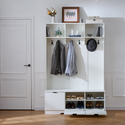 49.6 " 5-in-1 Hall Tree with Bench, Shoe Storage & 3 Open Storage Cabinets, Farmhouse Hall Tree with High Gloss Fluted Doors for Hallway Living Room