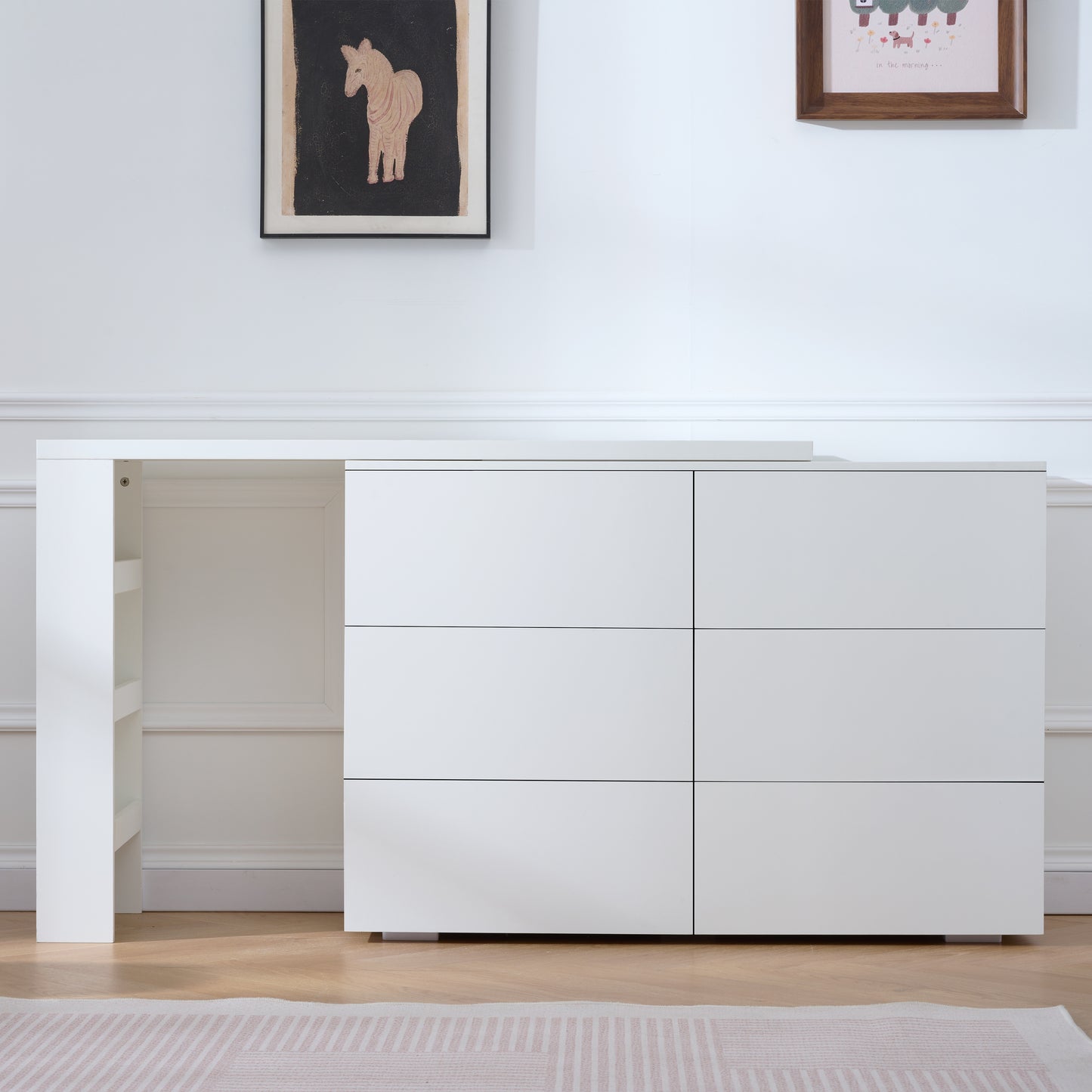 6-Drawer White Vanity Dresser Combo - L-Shaped Desk & Storage for Living Room