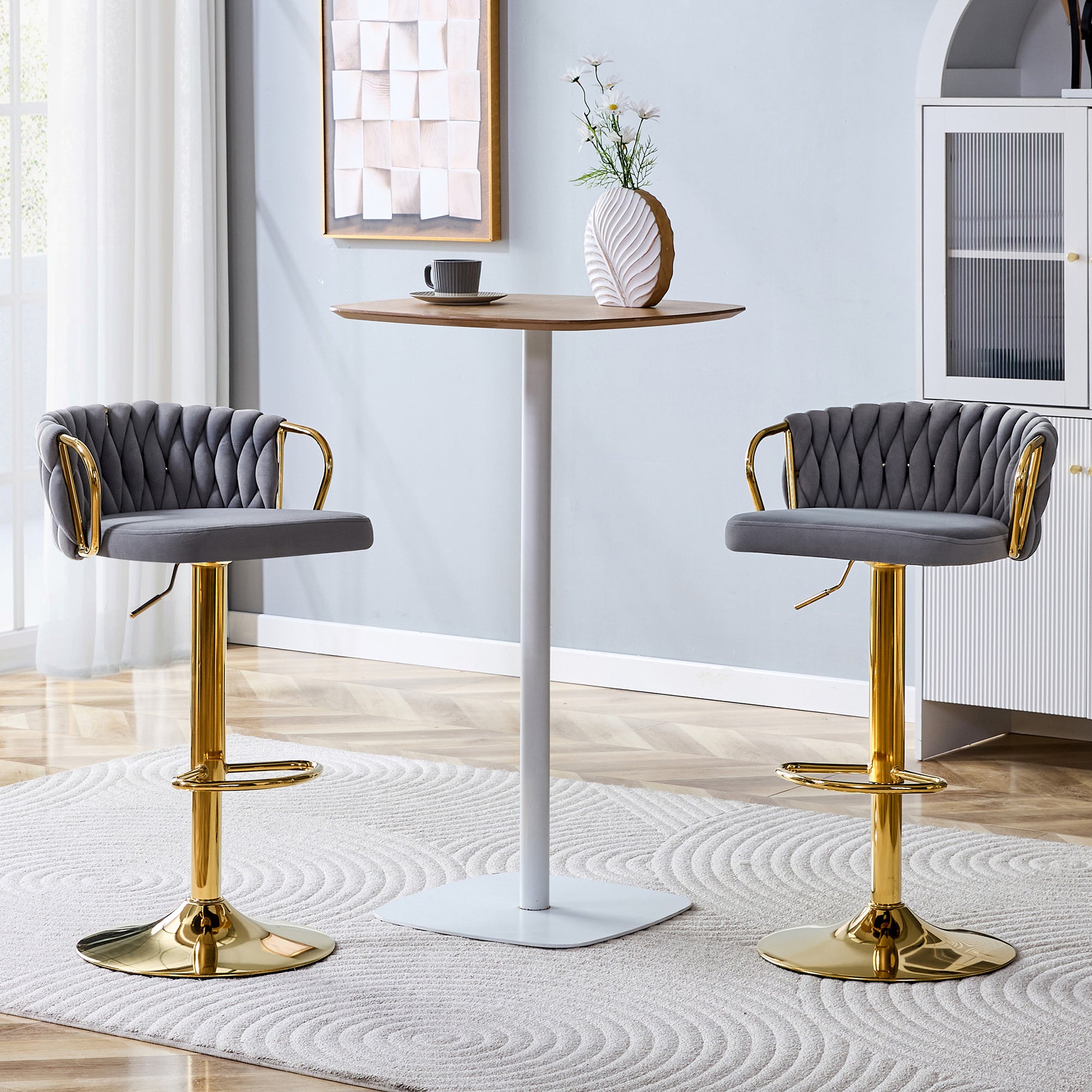 Gold Gray Velvet Bar Stools Set of 2 Adjustable Height for Dining Room