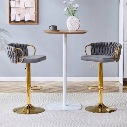 Gold Gray Velvet Bar Stools Set of 2 Adjustable Height for Dining Room