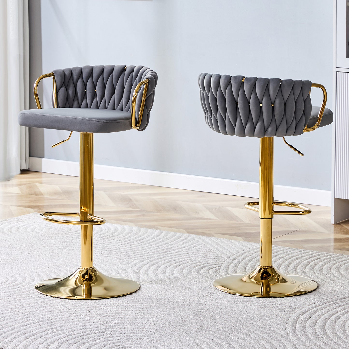 Gold Gray Velvet Bar Stools Set of 2 Adjustable Height for Dining Room