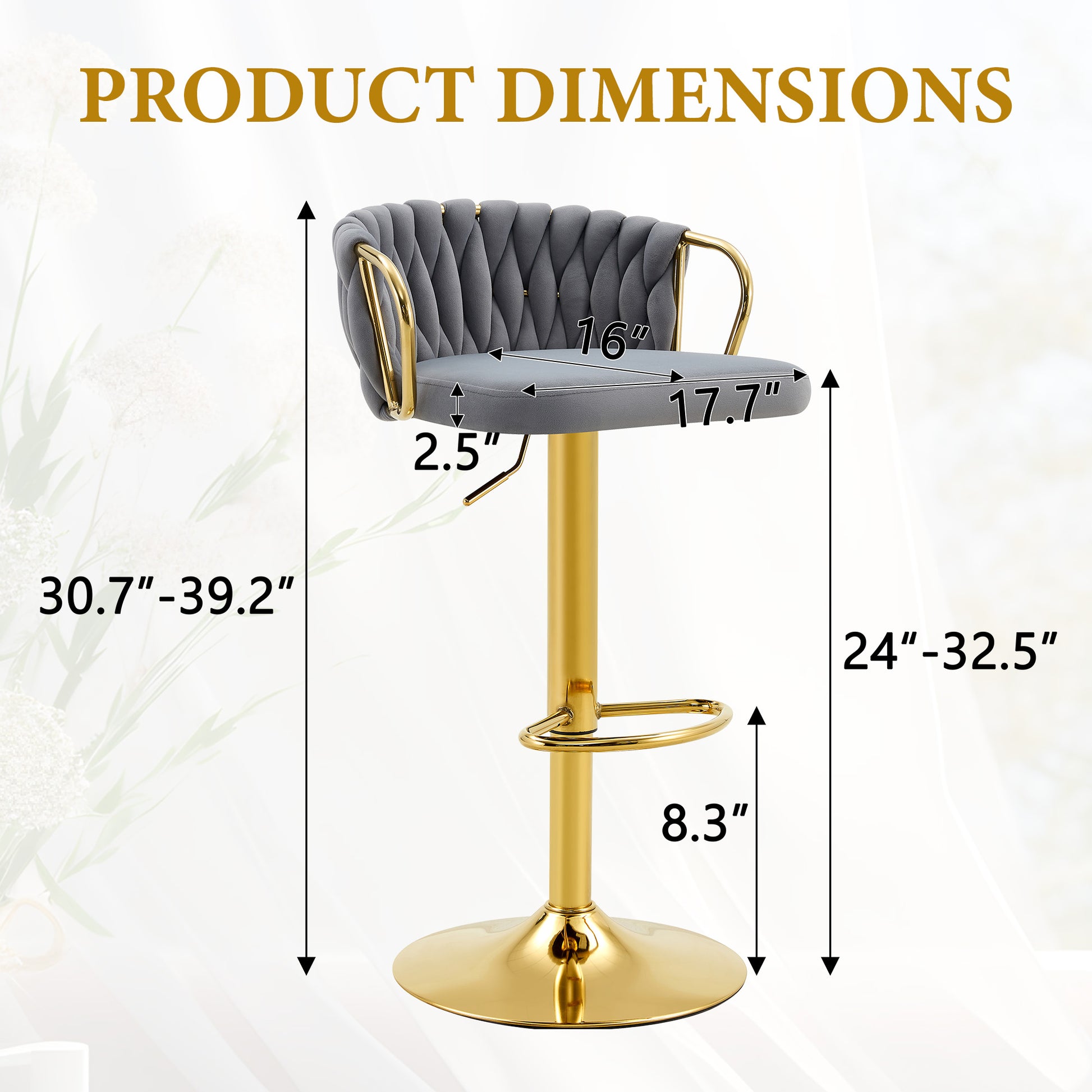 Gold Gray Velvet Bar Stools Set of 2 Adjustable Height for Dining Room
