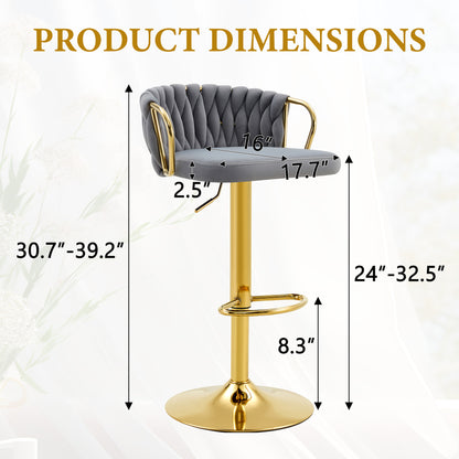 Gold Gray Velvet Bar Stools Set of 2 Adjustable Height for Dining Room