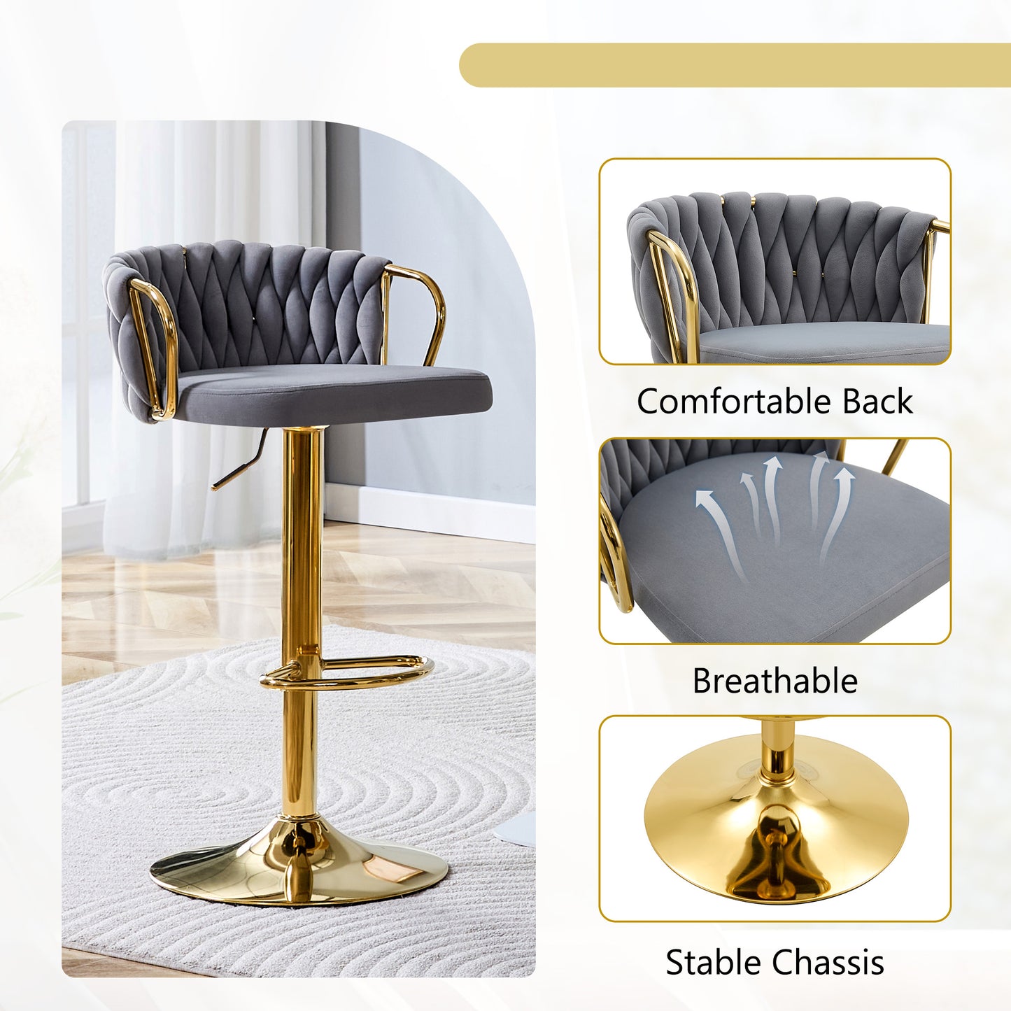 Gold Gray Velvet Bar Stools Set of 2 Adjustable Height for Dining Room