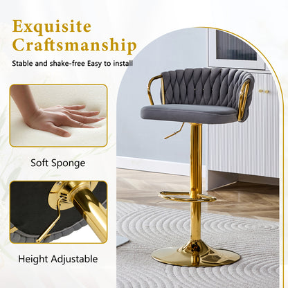 Gold Gray Velvet Bar Stools Set of 2 Adjustable Height for Dining Room