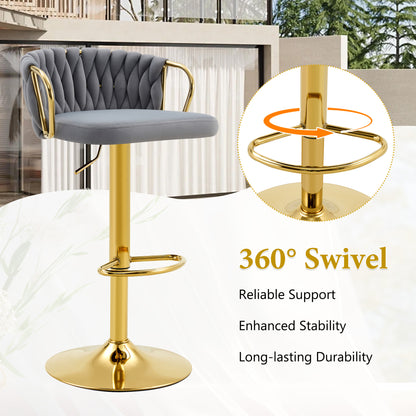 Gold Gray Velvet Bar Stools Set of 2 Adjustable Height for Dining Room