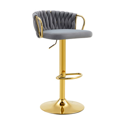 Gold Gray Velvet Bar Stools Set of 2 Adjustable Height for Dining Room