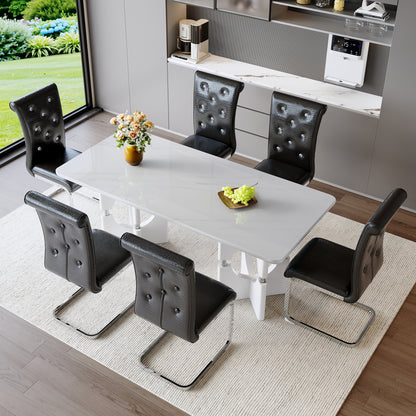 Modern 7-Piece Rectangular Dining Table Set with 6 Chairs, White Faux Marble MDF Tabletop, Black PVC Tufted Upholstered Chairs for Kitchen & Dining Room