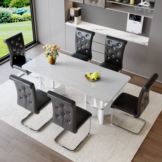 Modern 7-Piece Rectangular Dining Table Set with 6 Chairs, White Faux Marble MDF Tabletop, Black PVC Tufted Upholstered Chairs for Kitchen & Dining Room