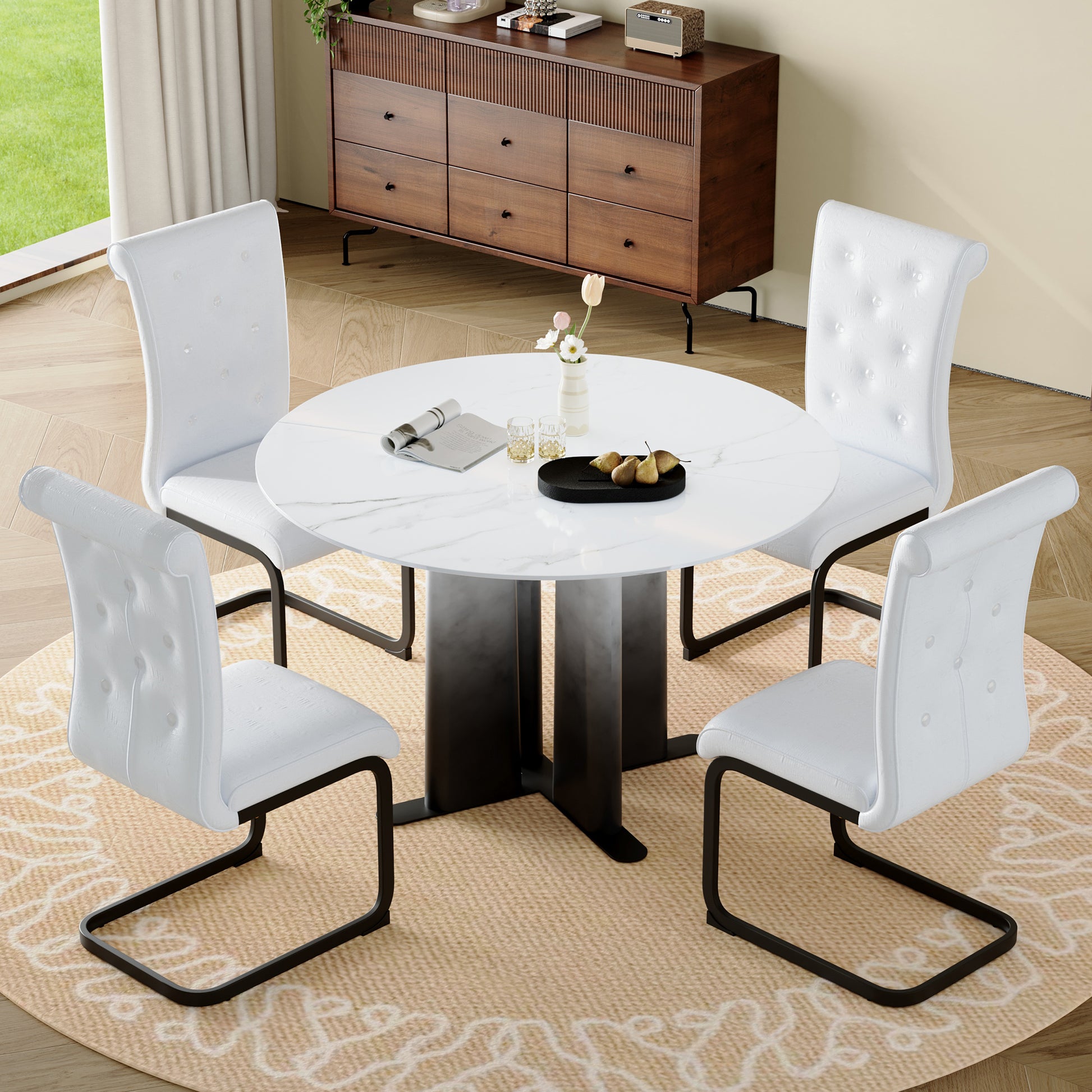 Modern Round Dining Table Set with 4 Chairs, White Faux Marble MDF Tabletop, Metal Legs, PVC Upholstered Chairs for Kitchen & Dining Room