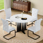 Modern Round Dining Table Set with 4 Chairs, White Faux Marble MDF Tabletop, Metal Legs, PVC Upholstered Chairs for Kitchen & Dining Room