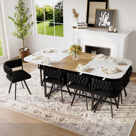 9-Piece Square Dining Table Set, Fixed White Faux Marble & Wood Grain Triamine Tabletop with 8 Black Velvet Chairs, Modern Kitchen Table Set for 8 People, Ideal for Family Gatherings, Dining Room