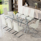 Tempered Glass Dining Table Set for 8, Modern Rectangular Kitchen Table with Electroplated Metal Legs, 8 White PU Leather Upholstered Dining Chairs with Silver Chrome Base