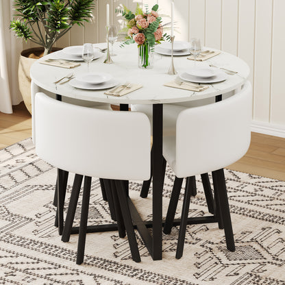 Round White Dining Table Set - Seats 4, Modern Kitchen Table for Dining Room