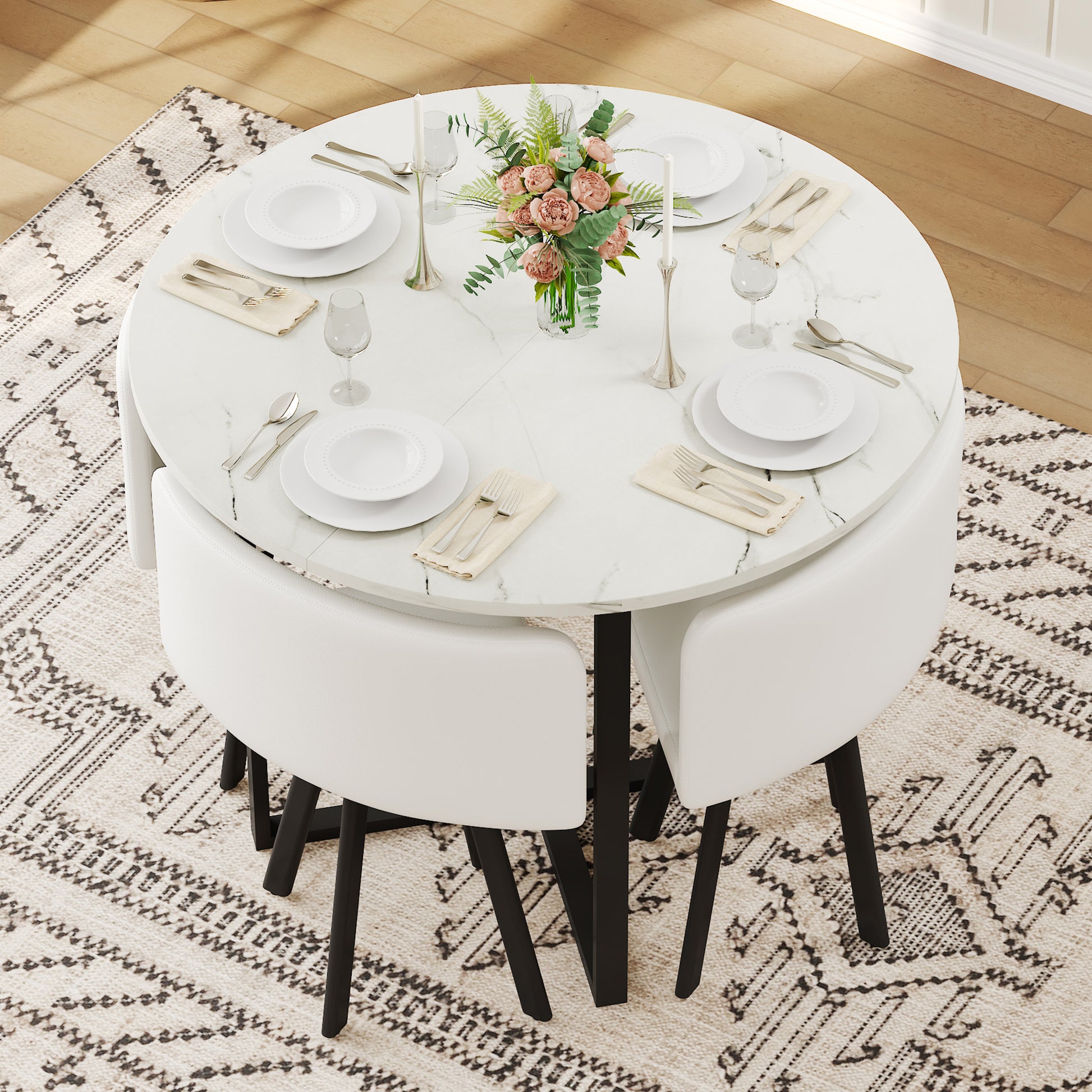 Round White Dining Table Set - Seats 4, Modern Kitchen Table for Dining Room