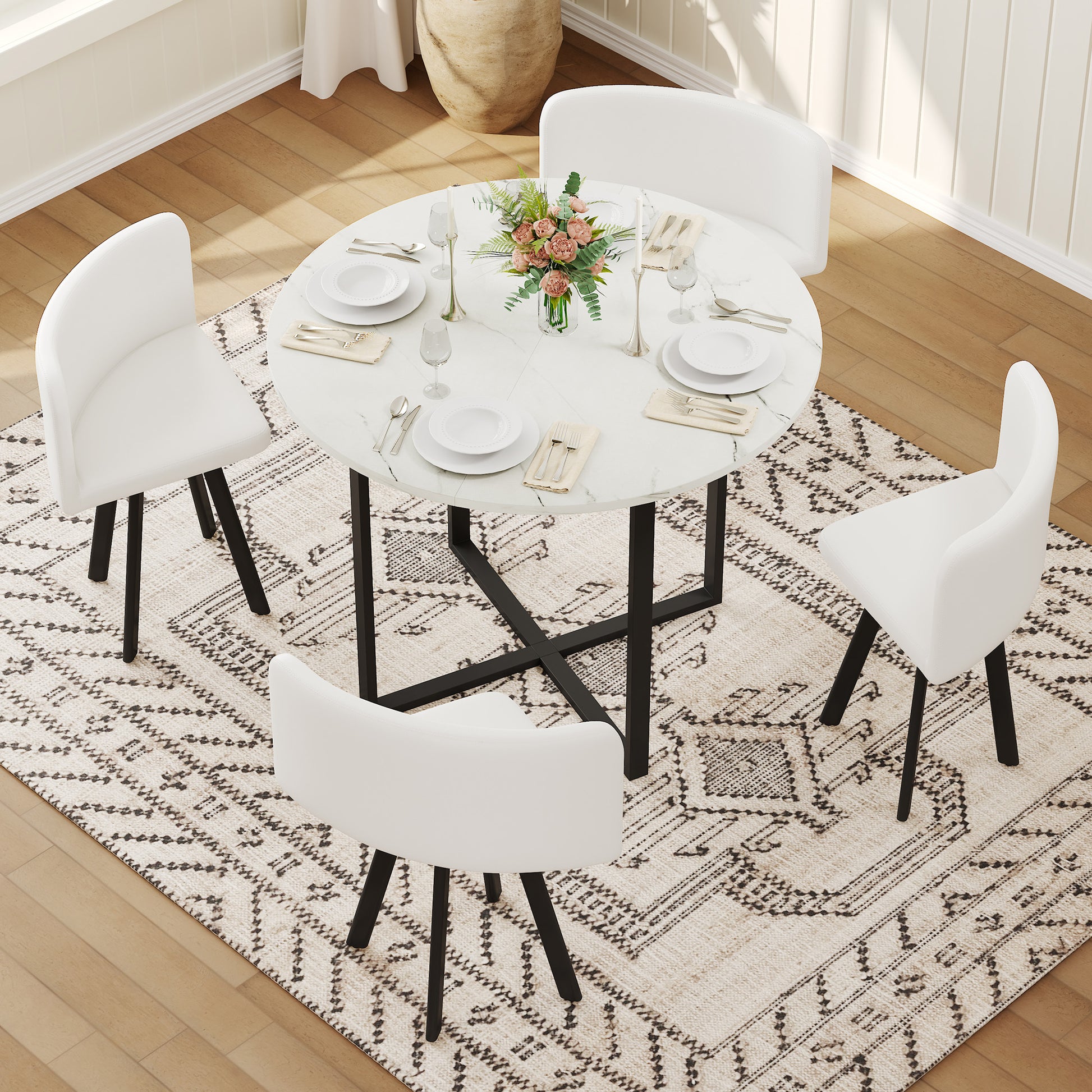 Round White Dining Table Set - Seats 4, Modern Kitchen Table for Dining Room