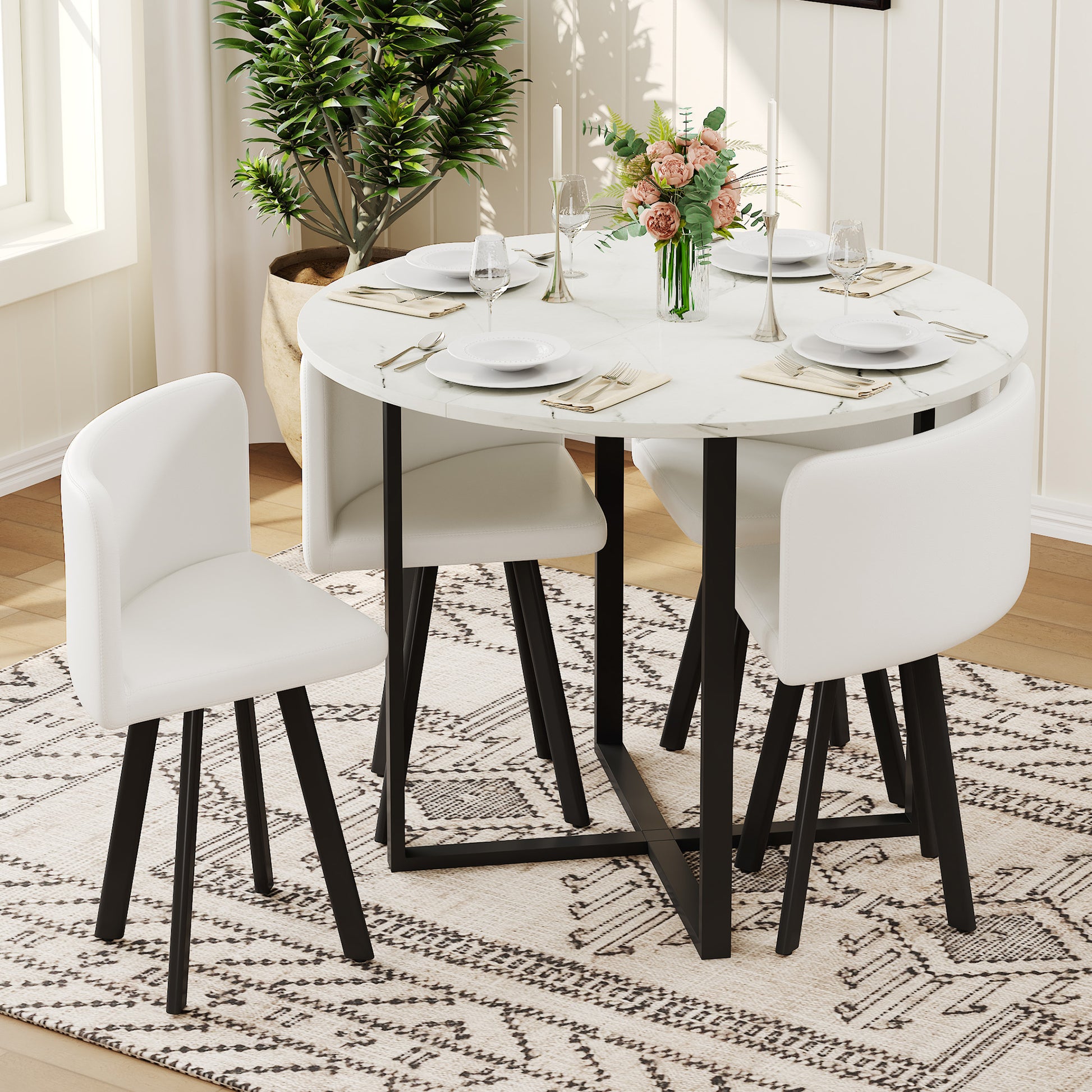 5 Piece Round Dining Table Set, White Faux Marble Triamine Tabletop & White PU Leather Chairs, Modern Kitchen Table and Chair Set for Small Spaces, Apartment, Breakfast Nook
