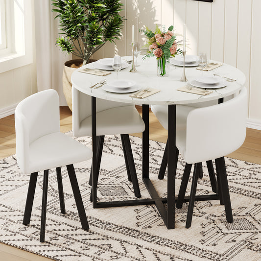 5 Piece Round Dining Table Set, White Faux Marble Triamine Tabletop & White PU Leather Chairs, Modern Kitchen Table and Chair Set for Small Spaces, Apartment, Breakfast Nook
