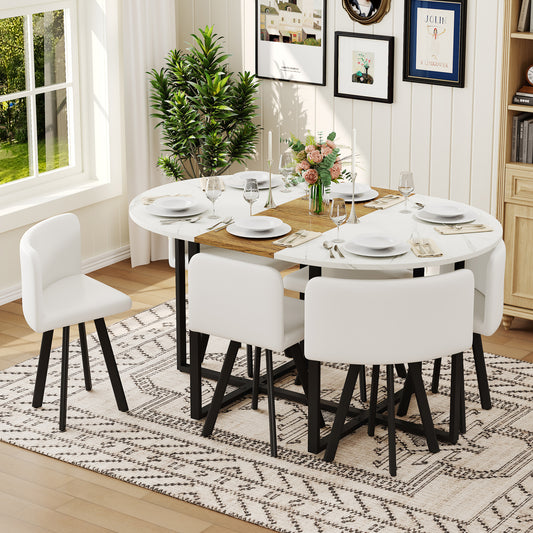 7-Piece Oval Dining Table Set, Fixed White Faux Marble & Wood Grain Triamine Tabletop with 6 White PU Leather Chairs, Modern Kitchen Table Set for 6 People, Ideal for Small Spaces, Apartment