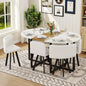 7-Piece Oval Dining Table Set, Fixed White Faux Marble & Wood Grain Triamine Tabletop with 6 White PU Leather Chairs, Modern Kitchen Table Set for 6 People, Ideal for Small Spaces, Apartment