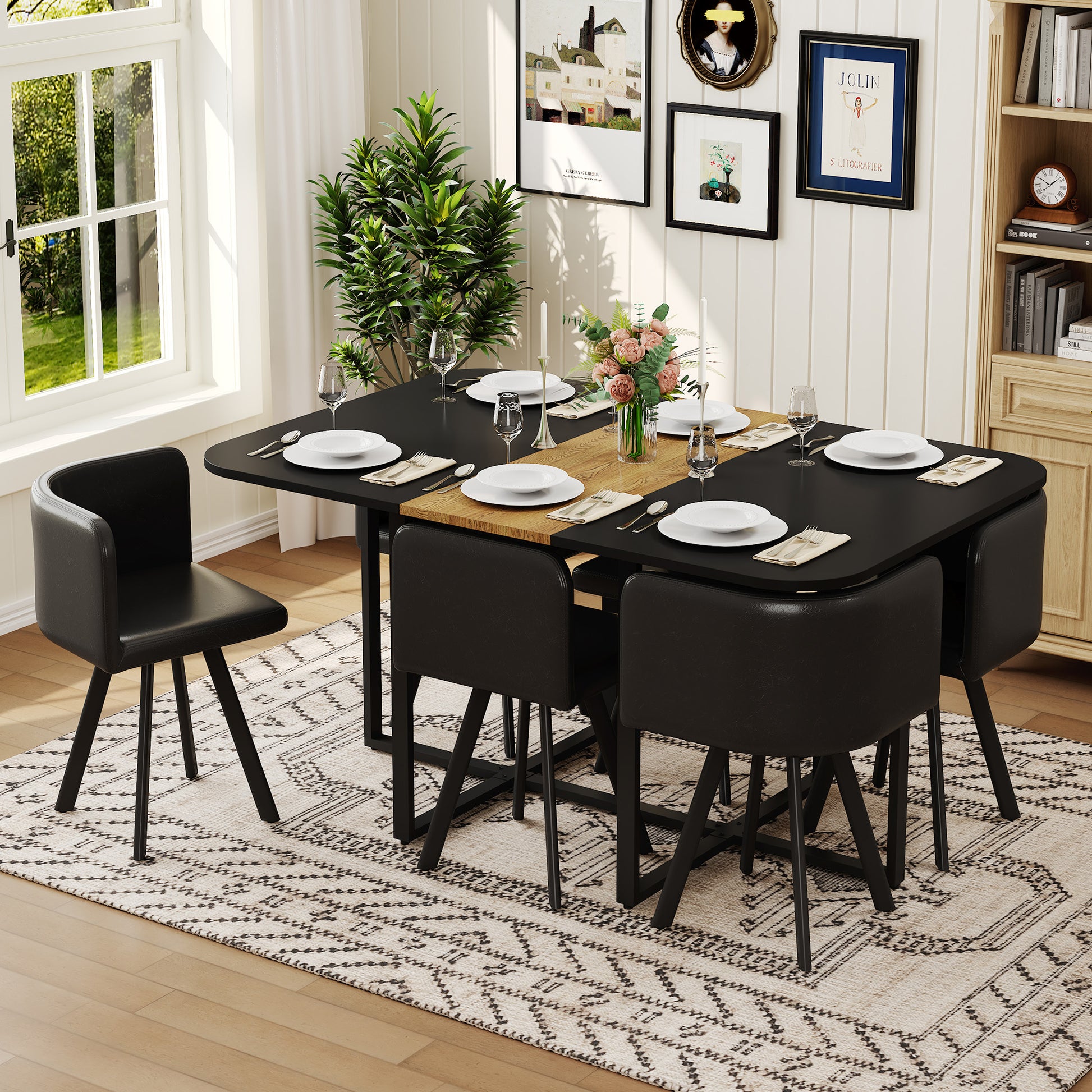 7 Piece Dining Table Set with 6 Black Oil-Waxed Leather Chairs, Black & Wood Grain Triamine Board Table, Modern Industrial Kitchen Dining Room Furniture for Small Spaces, Apartment, Restaurant
