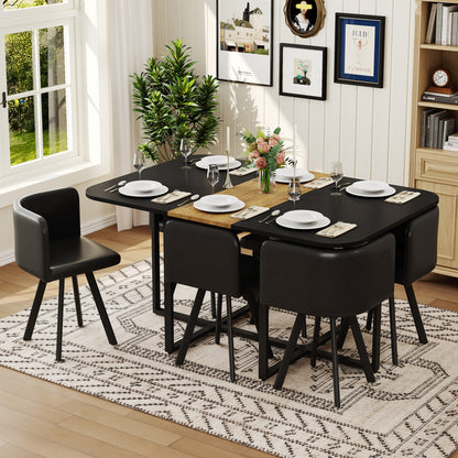 7 Piece Dining Table Set with 6 Black Oil-Waxed Leather Chairs, Black & Wood Grain Triamine Board Table, Modern Industrial Kitchen Dining Room Furniture for Small Spaces, Apartment, Restaurant