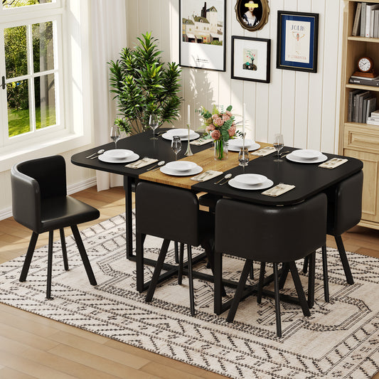 7 Piece Dining Table Set with 6 Black Oil-Waxed Leather Chairs, Black & Wood Grain Triamine Board Table, Modern Industrial Kitchen Dining Room Furniture for Small Spaces, Apartment, Restaurant