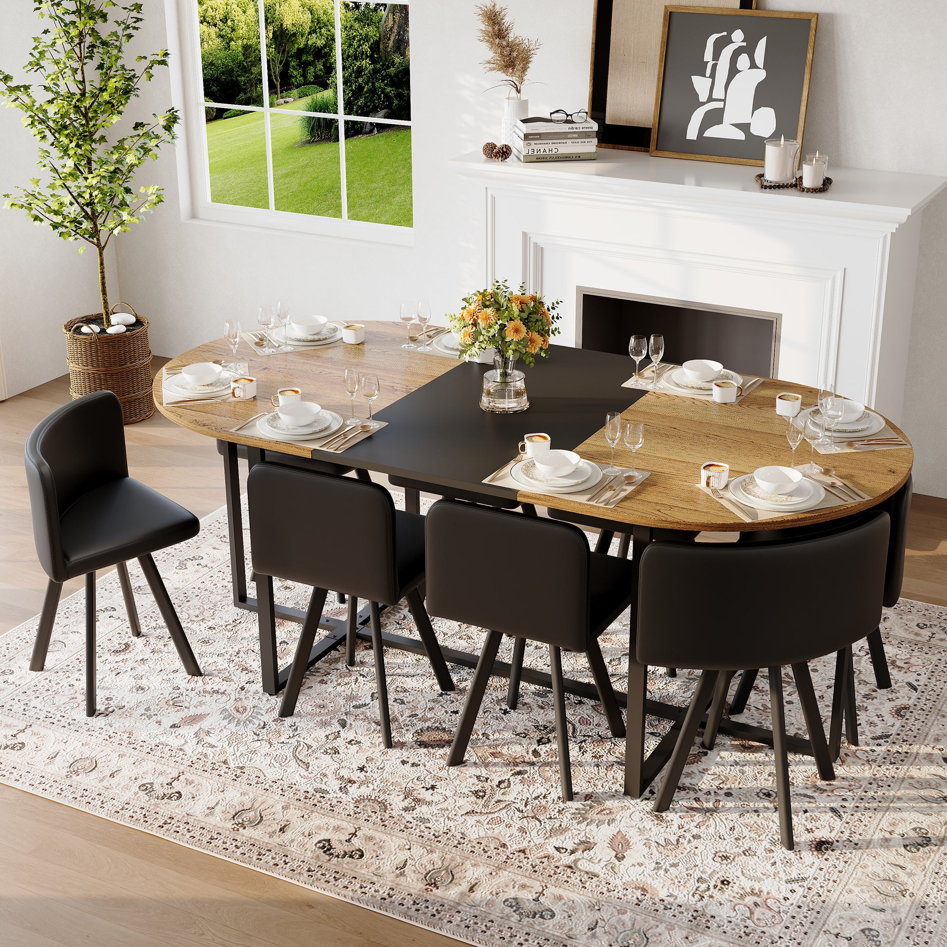 9-Piece Oval Dining Table Set, Fixed Two-Tone Wood Grain & Black Wood Grain Triamine Tabletop with 8 Black PU Leather Chairs, Modern Kitchen Table Set for 8 People, Ideal for Family Gatherings