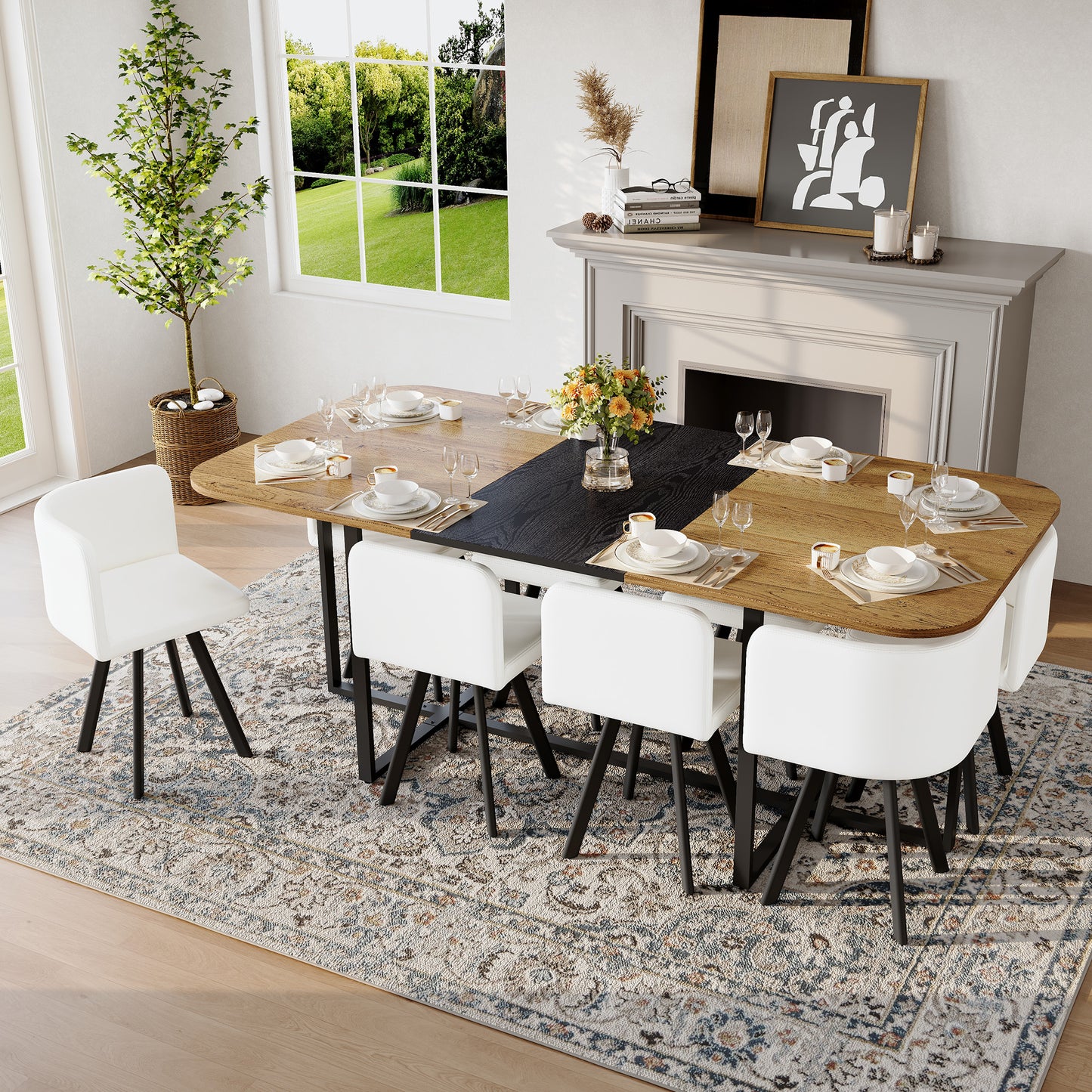 9-Piece Square Dining Table Set, Fixed Two-Tone Wood Grain & Black Wood Grain Triamine Tabletop with 8 White PU Leather Chairs, Modern Kitchen Table Set for 8 People, Ideal for Family Gatherings