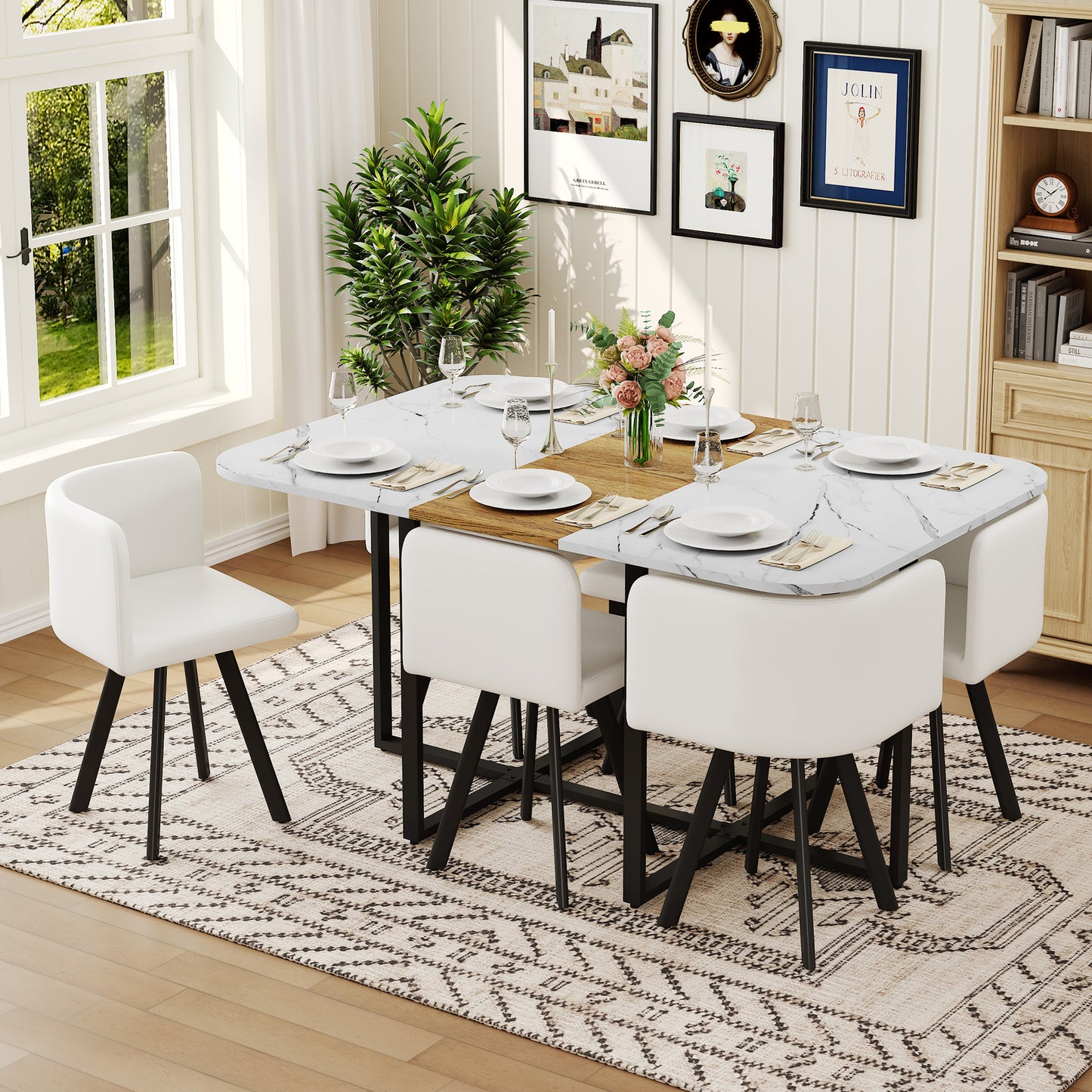7-Piece space saving tableware set: melamine board table+PU cushioned chair, black powder coated iron frame for kitchen/dining room