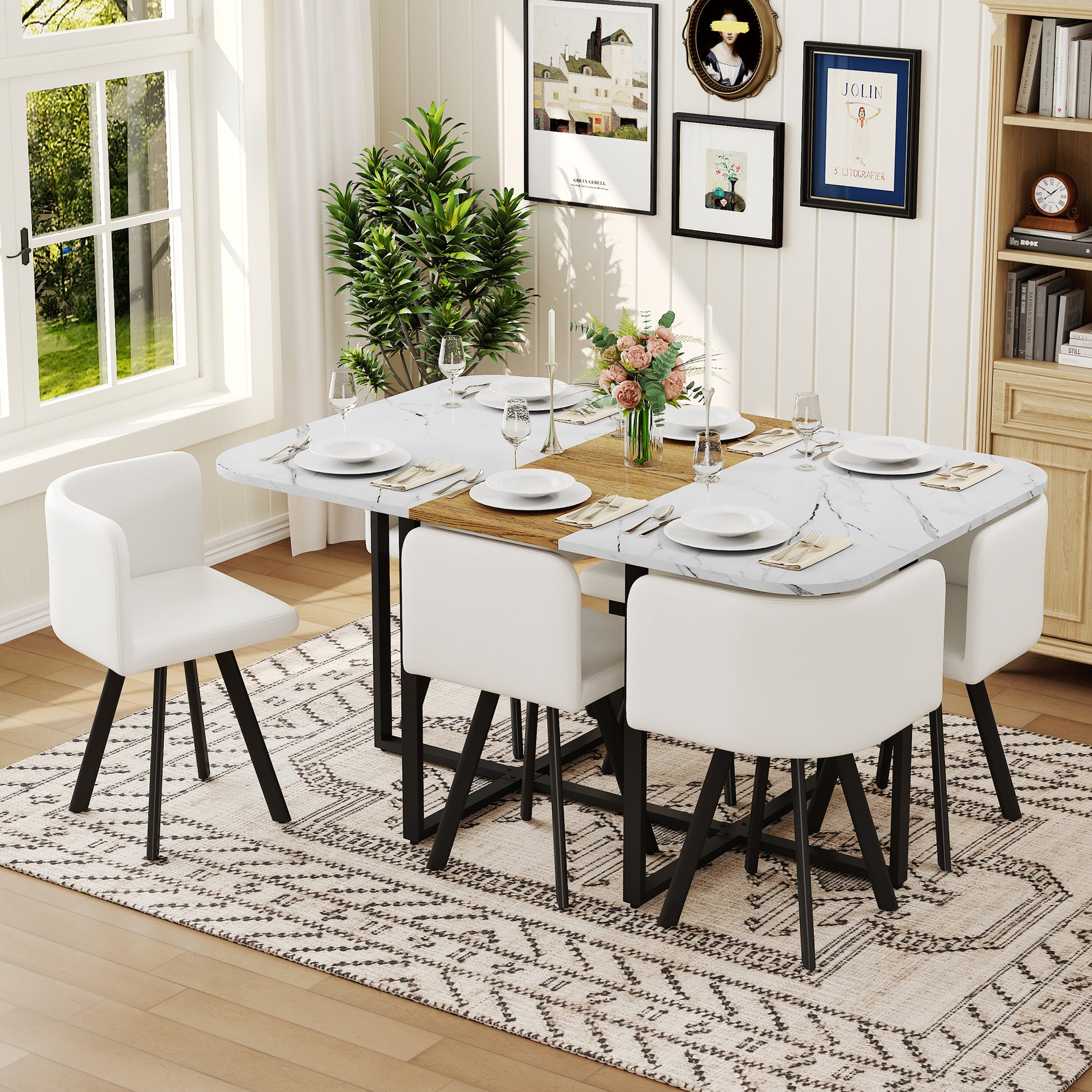 7-Piece space saving tableware set: melamine board table+PU cushioned chair, black powder coated iron frame for kitchen/dining room