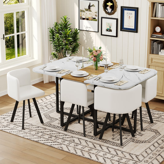 7-Piece space saving tableware set: melamine board table+PU cushioned chair, black powder coated iron frame for kitchen/dining room
