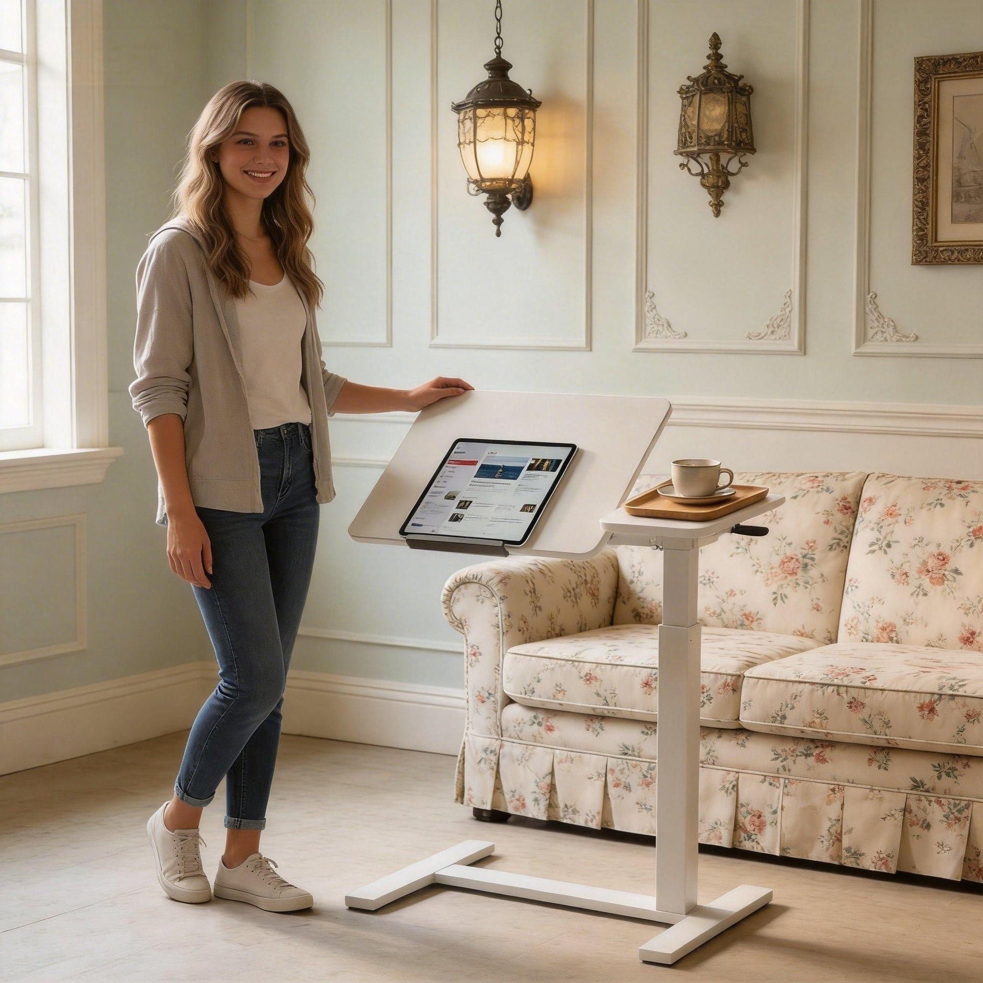 Adjustable Height Computer Desk - White Rectangular Table for Living Room