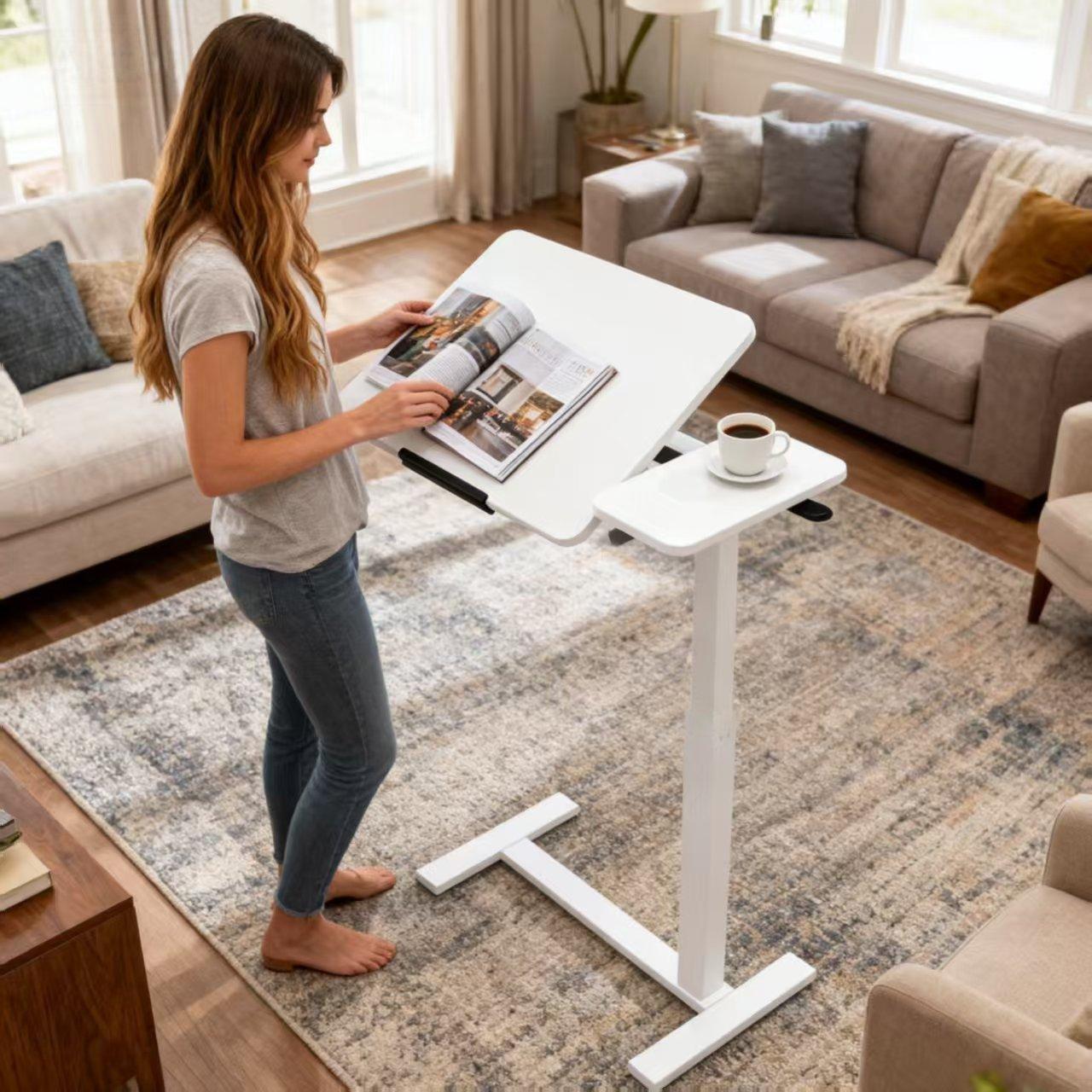 Adjustable Height Computer Desk - White Rectangular Table for Living Room