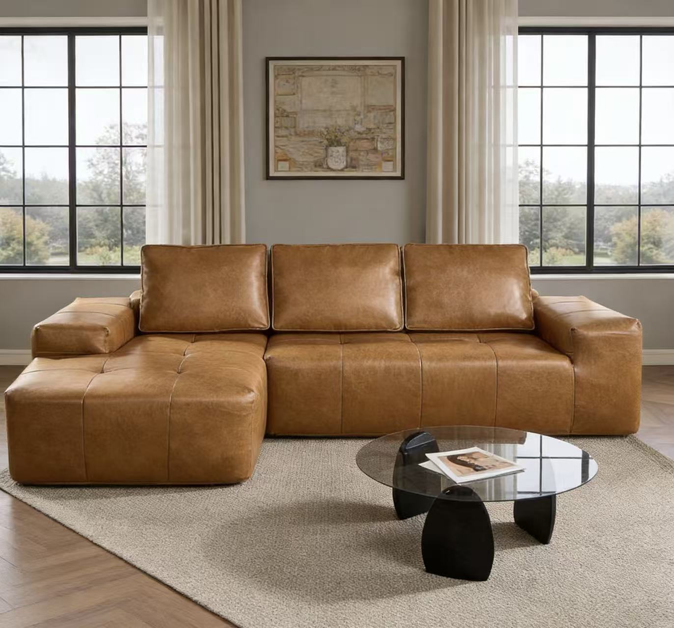 Boneless Couches for Living Room, Brown Faux Leather Cloud Sectional Couches with Chaise, Deep Seat L Shaped Modular Sofa, No Assembly Required Sofas in a Box (Left,Faux Leather,Brown)
