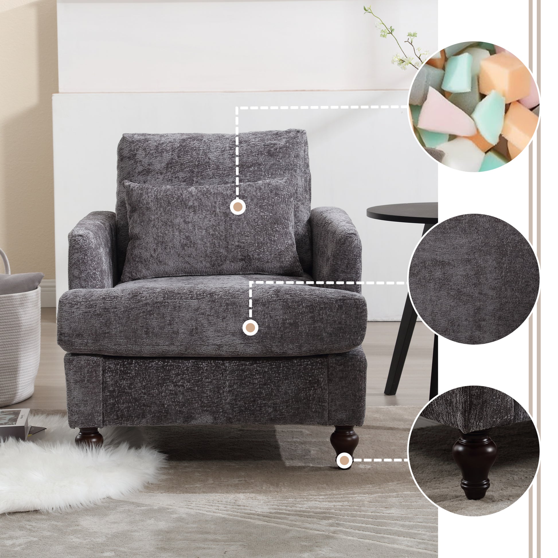 Wood Frame Armchair,  Modern Accent Chair Lounge Chair for Living Room,Tufted Club Chair, Mid Century Modern Arm Chairs with Studded, Solid Wood Frame, for Bedroom, Reading (Gray Chenille)