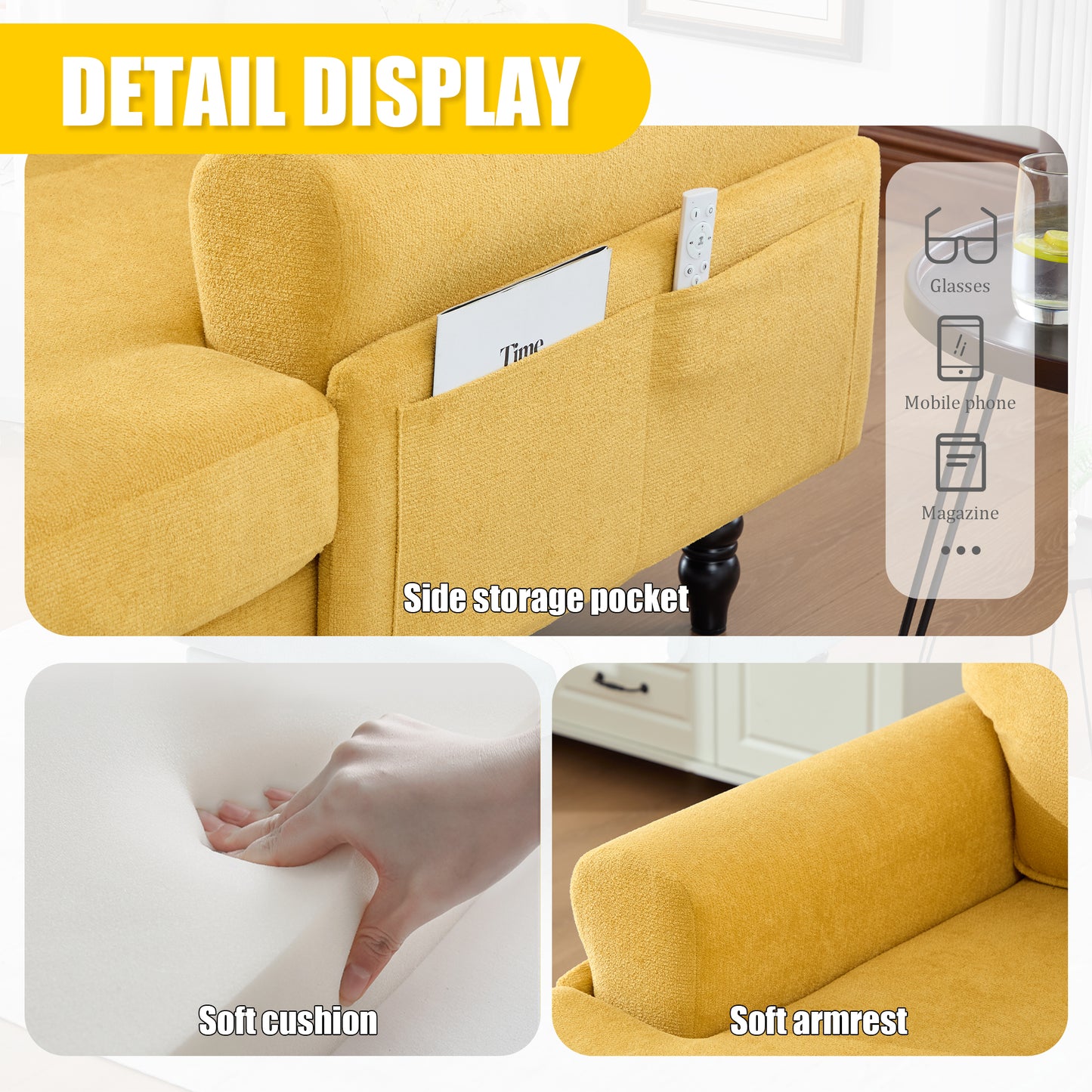 Mustard Yellow Chenille Recliner Sofa for Living Room Relaxation