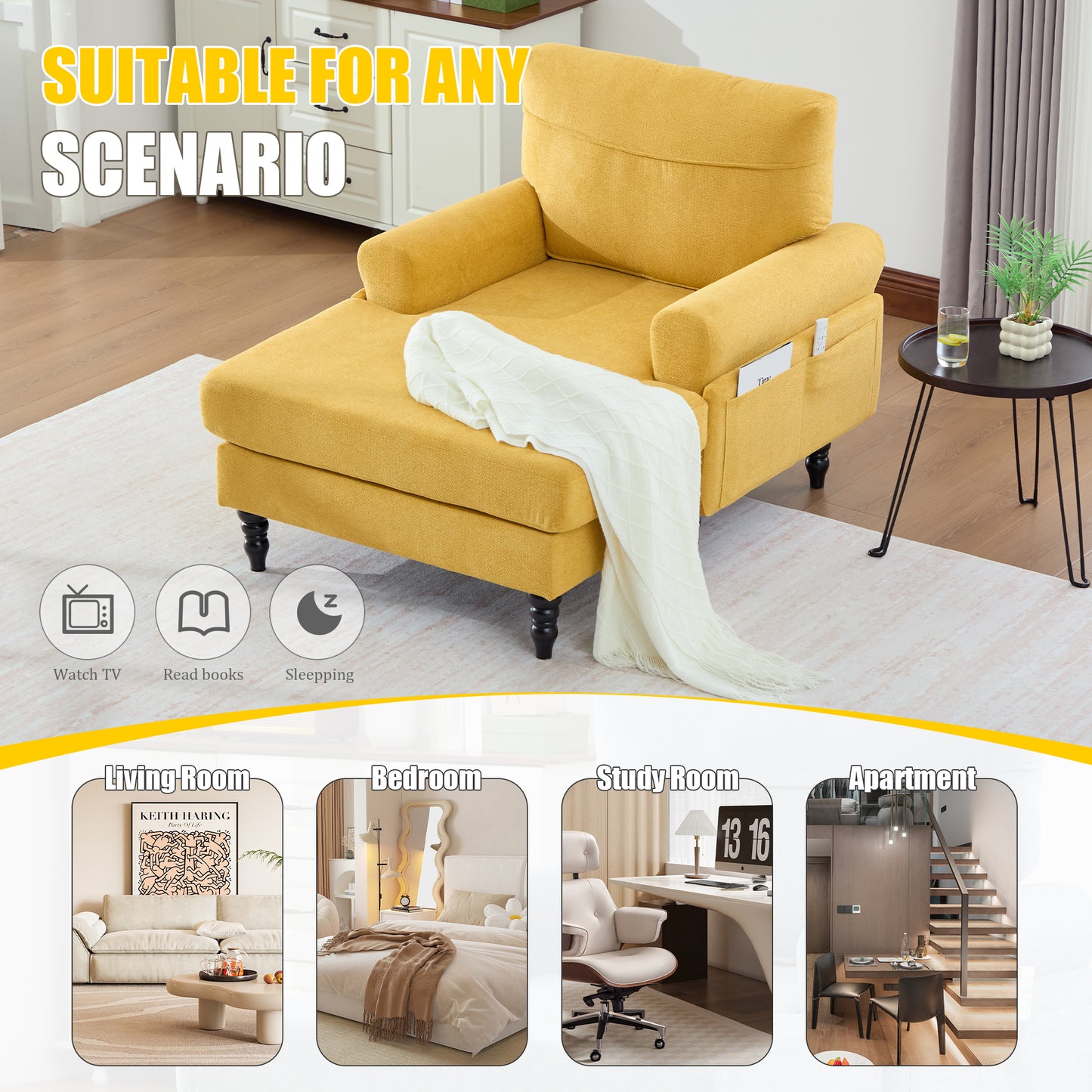 Mustard Yellow Chenille Recliner Sofa for Living Room Relaxation