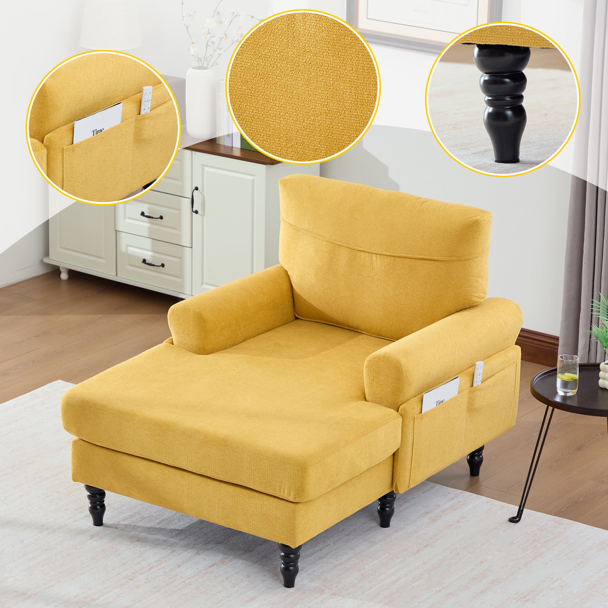 Modern Minimalist Chenille Fabric Chaise Lounge Recliner Single Sofa Living Room Bedroom Rest Chair Wooden Sofa Legs with Comfortable Backrest and Armrests Side Pockets for Storage Suitable for Office