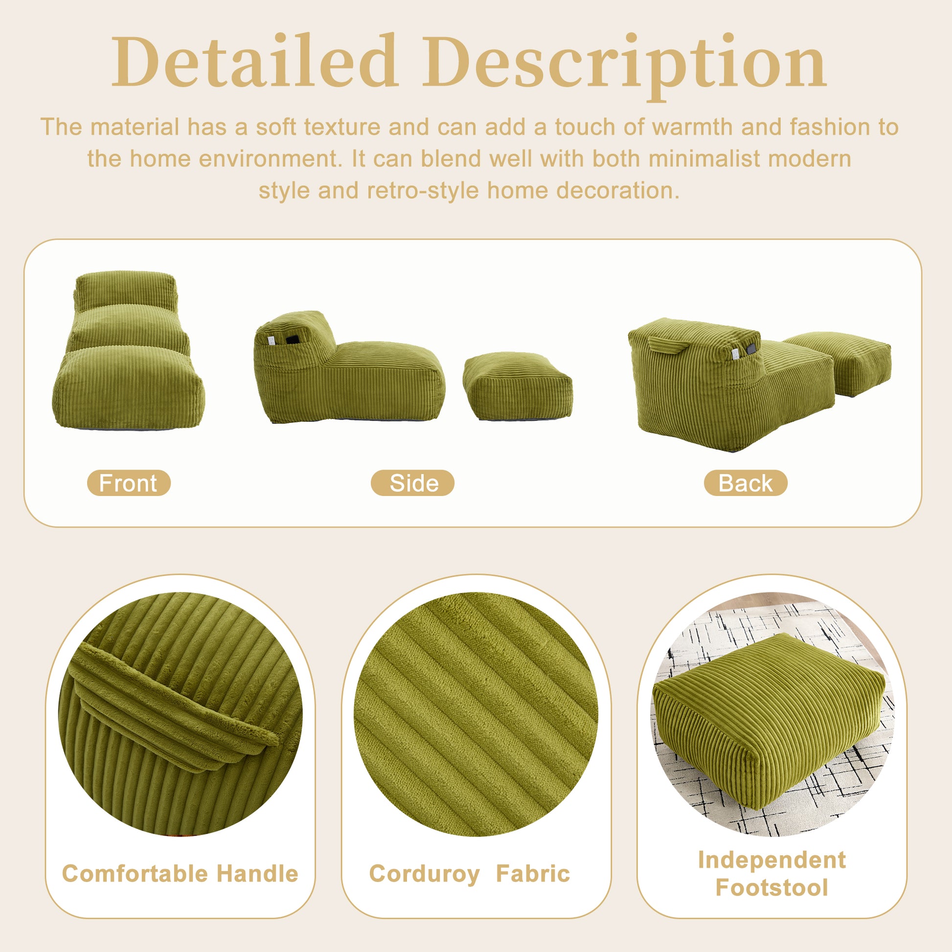 Olive Corduroy Bean Bag Chair - 1 Seat