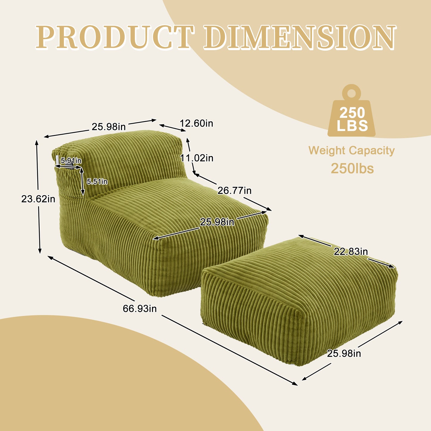 Olive Corduroy Bean Bag Chair - 1 Seat