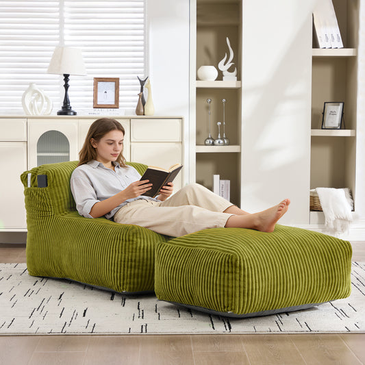 Big Bean Bag Chair for Adults,Lounger Large Bean Bag Sofa, Memory Foam Filled Beanbag Chair for Living Room, Bedroom, Balcony,Comfy Corduroy Bean Bag Chair with ottoman,Ergonomic Support & Premium Com